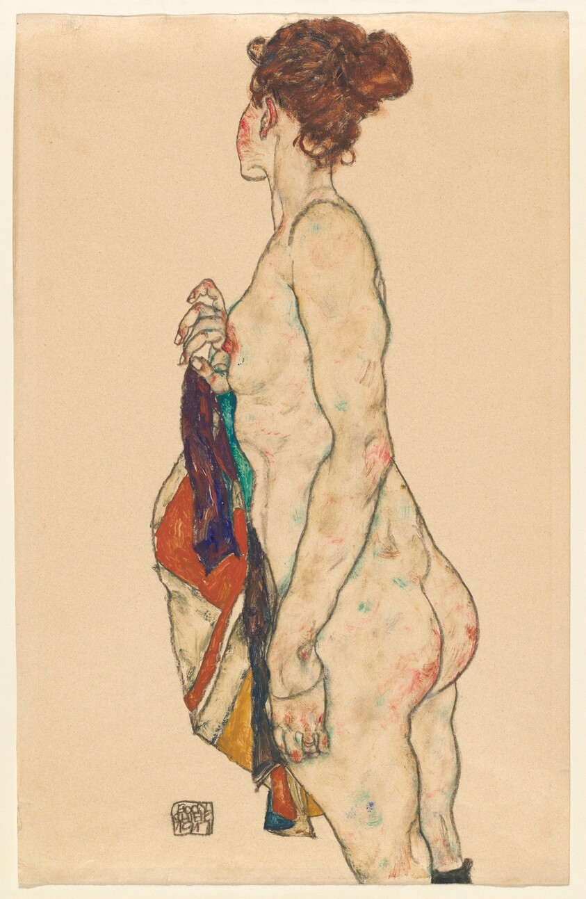 Egon Schiele — Standing Nude with a Patterned Robe
