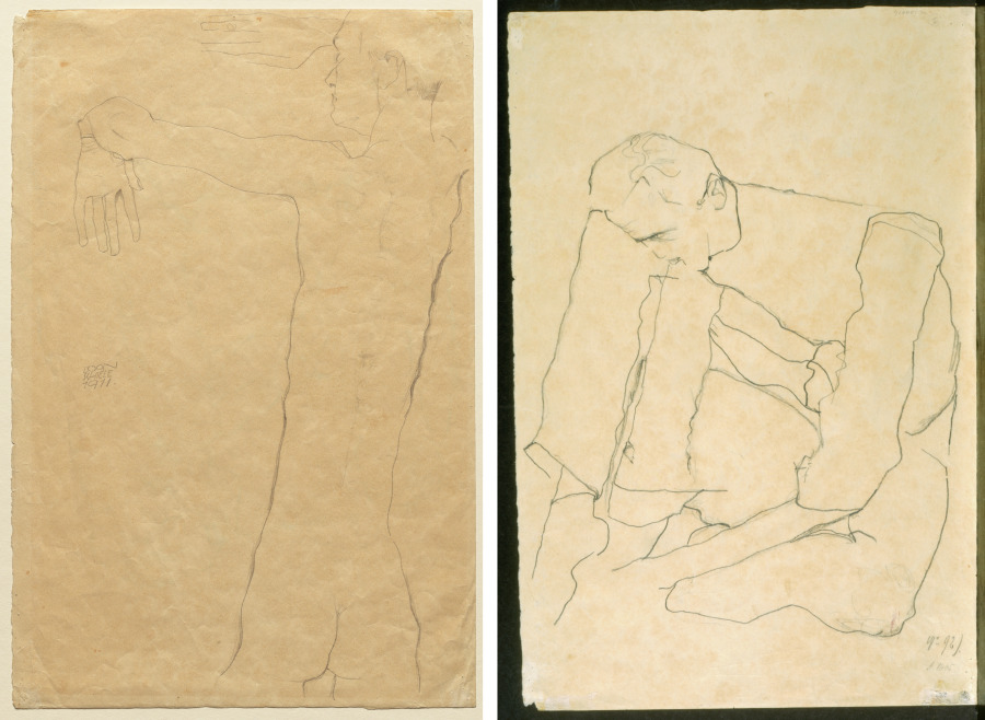 Egon Schiele — Nude Man with Raised Arms (recto) Seated Man (verso)